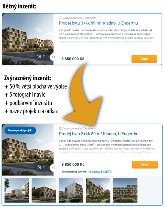 Ukázka zvýraznění developerského projektu ve výpise nemovitostí na serveru ČESKÉREALITY.cz